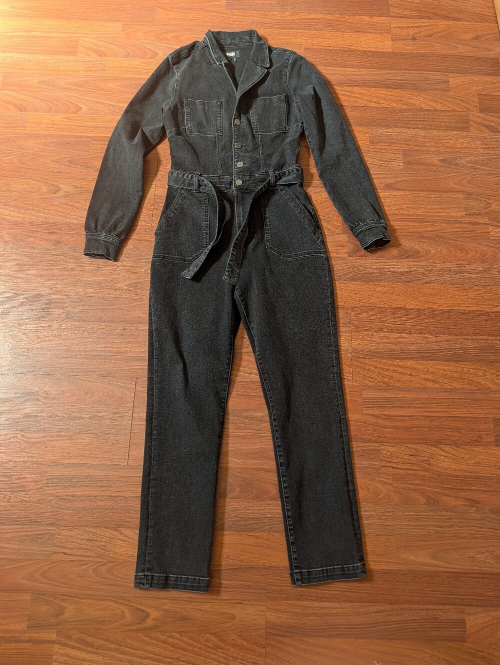 NWOT PAIGE Mayslie Straight Denim Jumpsuit S 27 Black Long Sleeve Belted